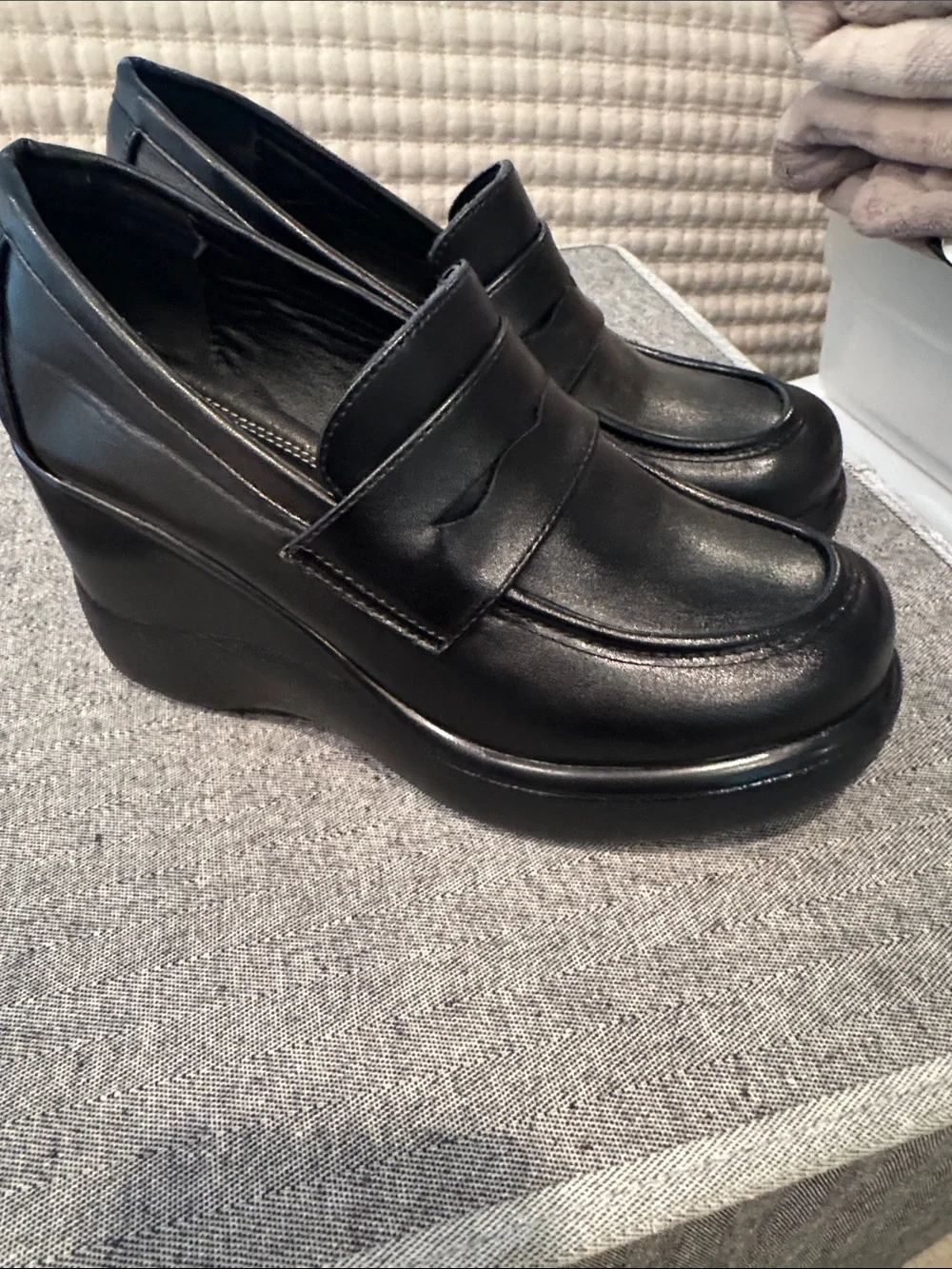 Classic Black Leather Penny Loafers for Woman high wedge size 7
